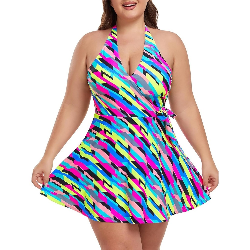 Ocean Blues Womens Plus Size Halter Neck Tummy‎ Control One Piece Swimsuit 4XL